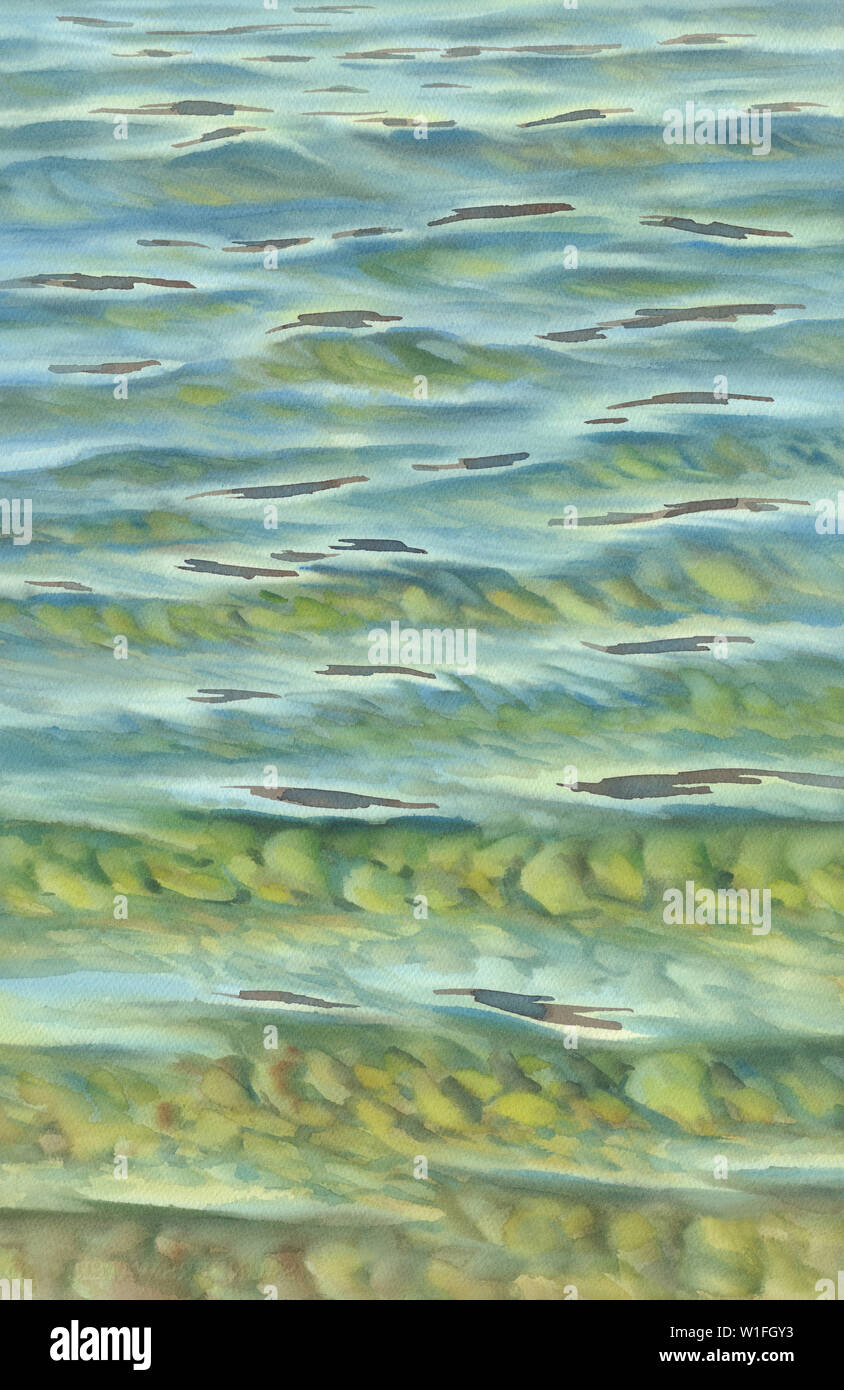 Sonnige Meer mit transparenten Wellen Aquarell Hintergrund Stockfoto