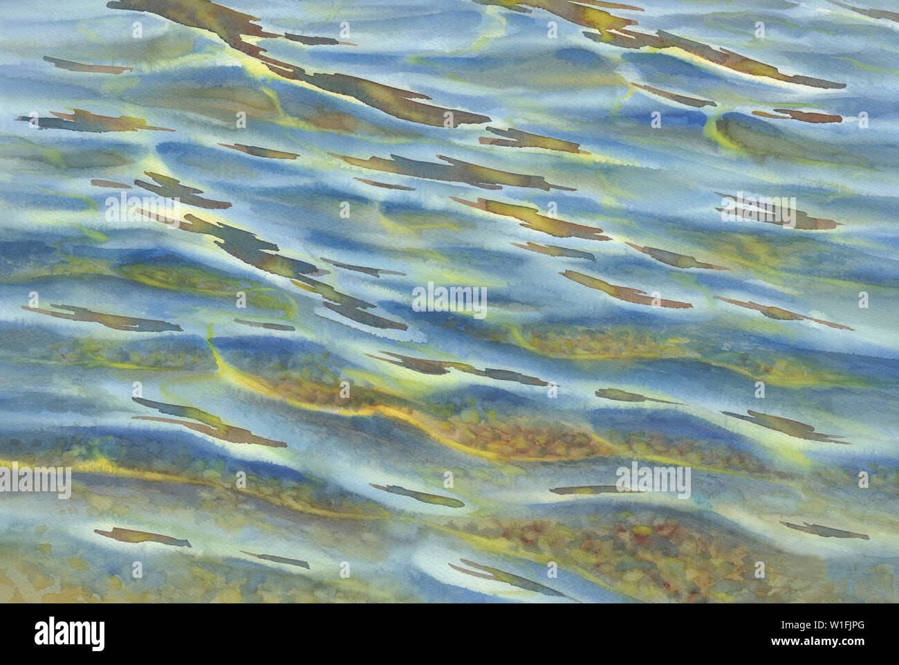 Sonnige Meer mit transparenten Wellen Aquarell Hintergrund Stockfoto