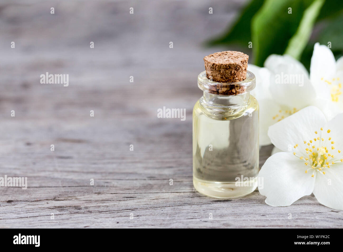 Wesentliche Jasminöl. Massage Öl mit Jasmin Blumen auf einem Holz- Hintergrund. Stockfoto