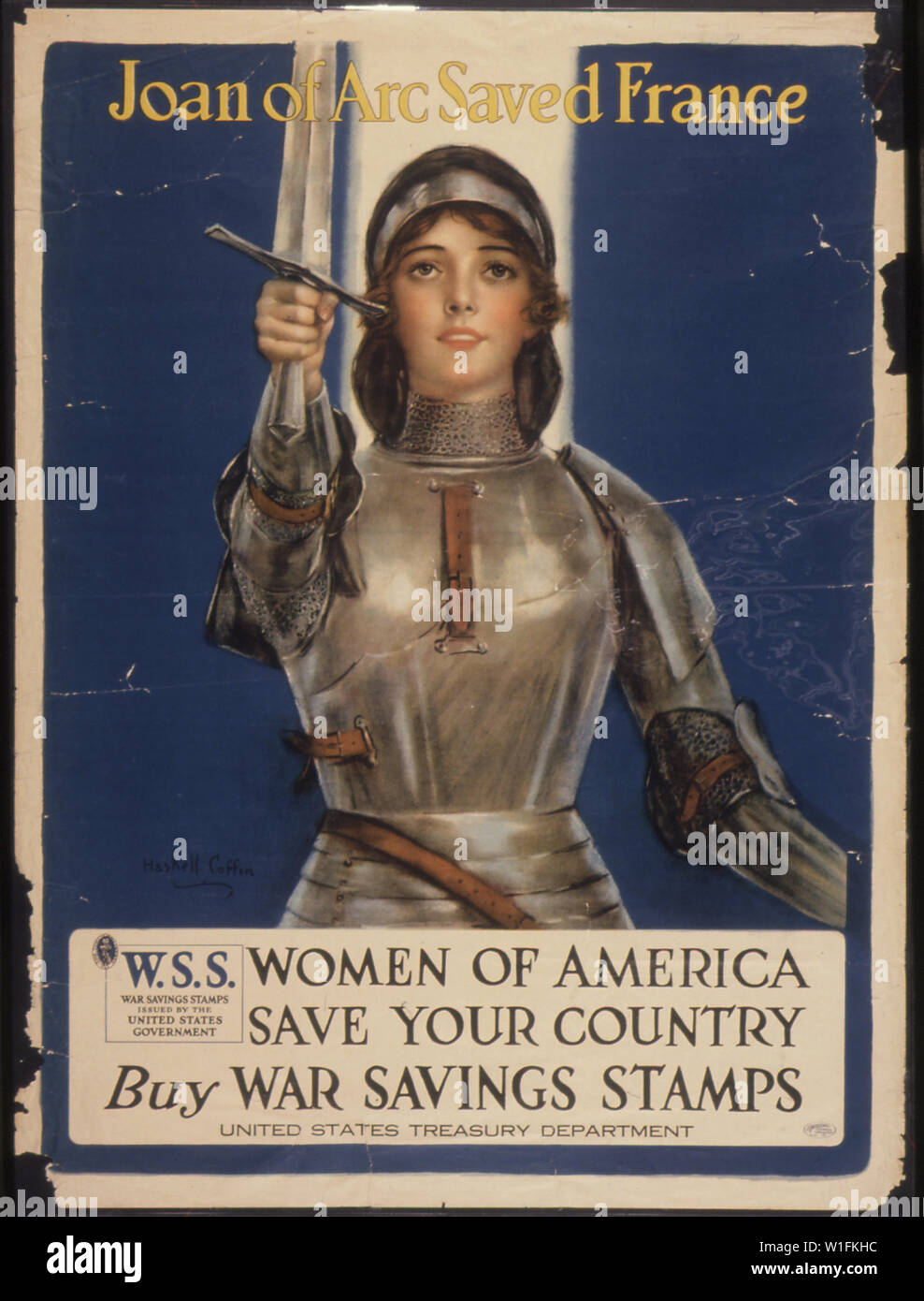 Jeanne d'Arc gespeichert, Frankreich. Frauen von Amerika. Speichern Sie Ihr Land. Krieg Einsparungen Briefmarken kaufen. W.S.S. Krieg speichern Briefmarken von der Regierung der Vereinigten Staaten ausgestellt. Stockfoto