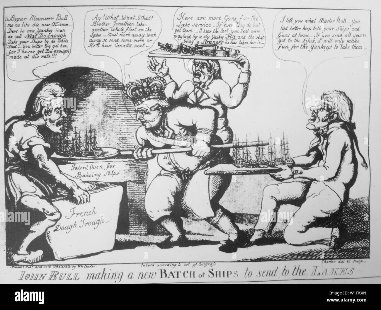 John Bull, eine neue Ladung von Schiffen zu den Seen zu senden. Nach macdonough's Sieg über die britische Flotte auf See Champlain, September 1814. Kopieren von Cartoon Stich von William Charles, 1814., Ca. 1900-1982; Allgemeine Hinweise: Verwenden Sie Krieg und Konflikt Nummer 88 bei der Bestellung eine Reproduktion oder Anforderung von Informationen zu diesem Bild. Stockfoto