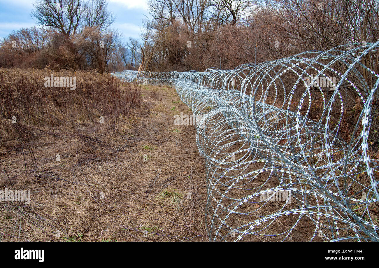 Stacheldraht auf der slowenisch-kroatischen Grenze gegen illegale Einwanderer Stockfoto