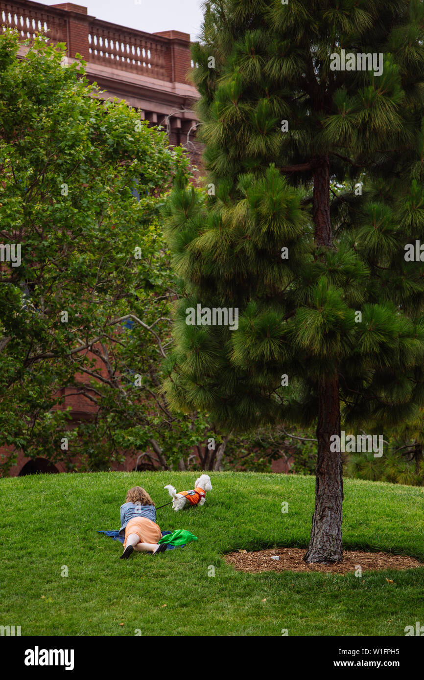 Frau legte sich mit ihrem Hund in einem Park (Levi's Plaza) in San Francisco, Kalifornien, USA, auf das Gras Stockfoto