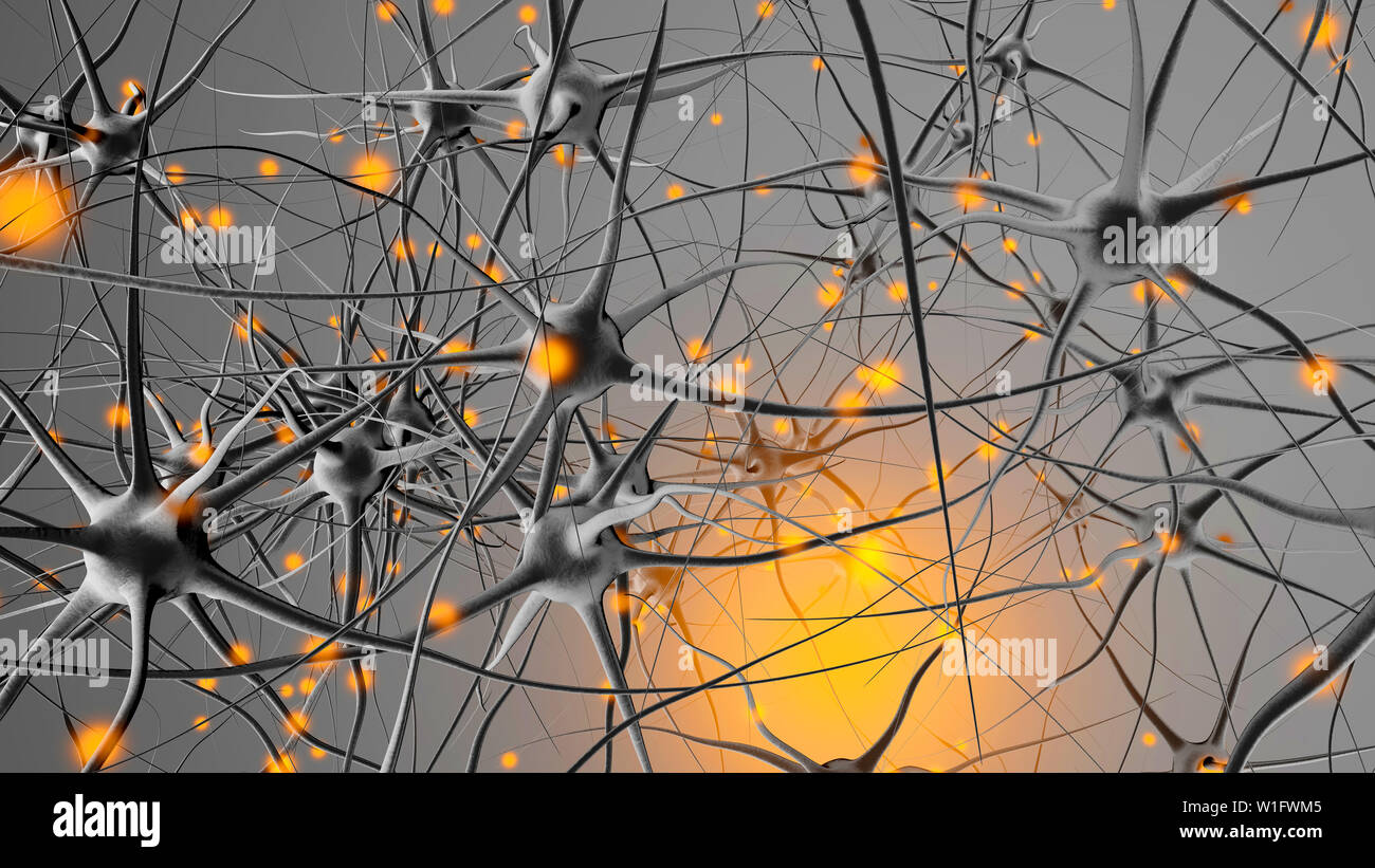 3D-Darstellung eines biologischen neuronalen Zelle Netzwerk Übertragung von Signalen. Stockfoto