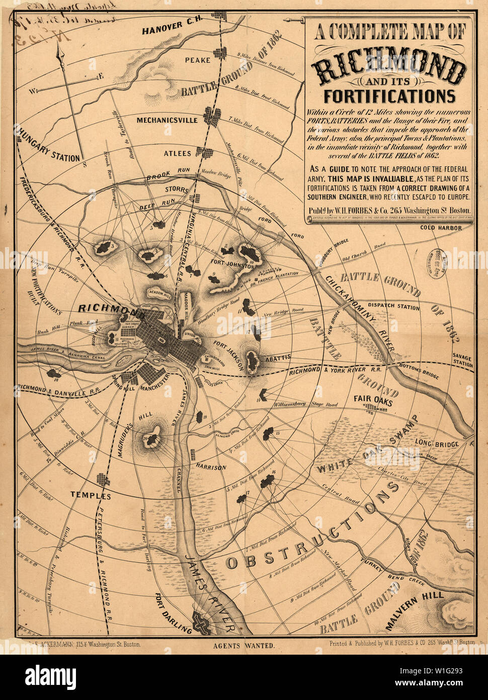 Eine komplette Karte von Richmond und seine Befestigungen, Amerikanischer Bürgerkrieg, von William H. Forbes & Co., 1863 veröffentlicht. Stockfoto