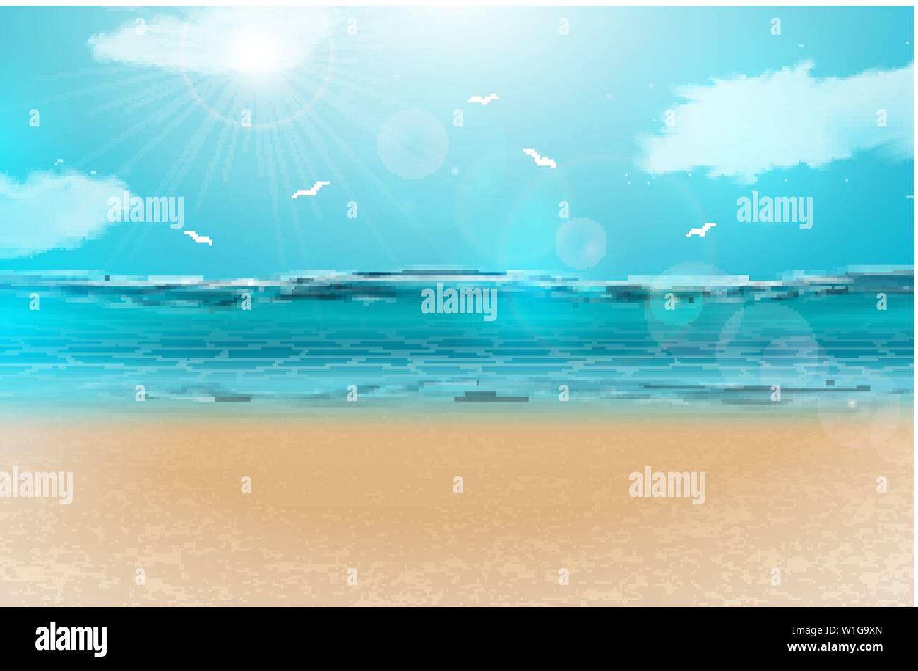 Vektor Blue Ocean Landschaft Hintergrund Design mit bewölktem Himmel. Abbildung: Sommer mit Meer und Sandstrand für Banner, Flyer, Einladung Stock Vektor