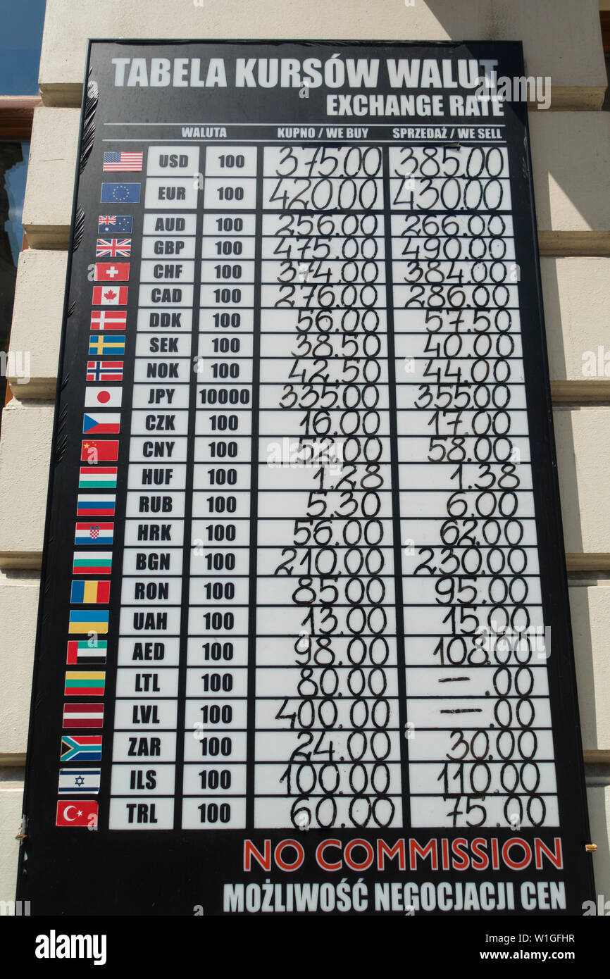 Geld Wechselkurs Board in Krakau, Polen, Europa Stockfotografie - Alamy