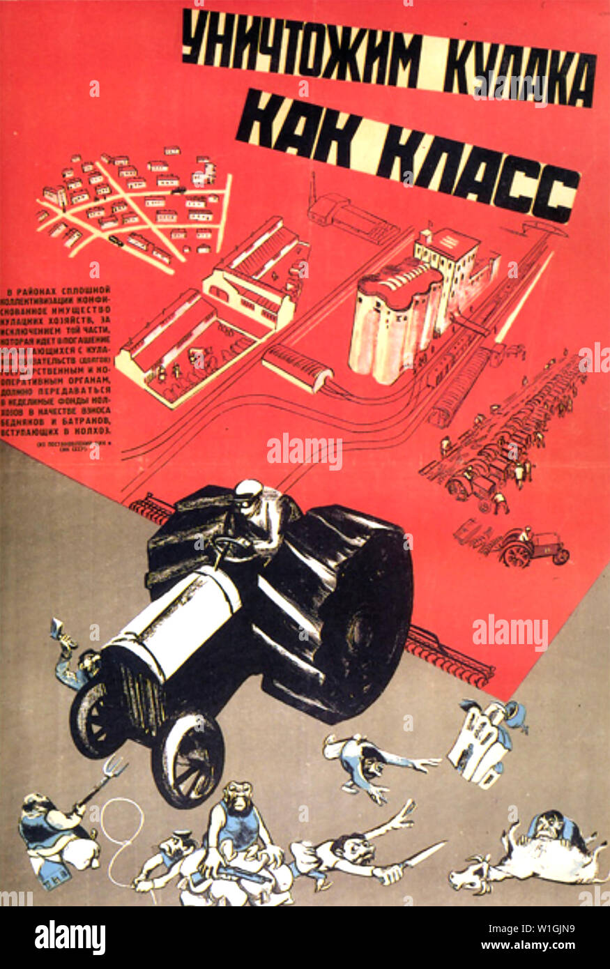 Wir vernichten den KULAKEN Klasse 1930 sowjetische Plakat Stockfoto