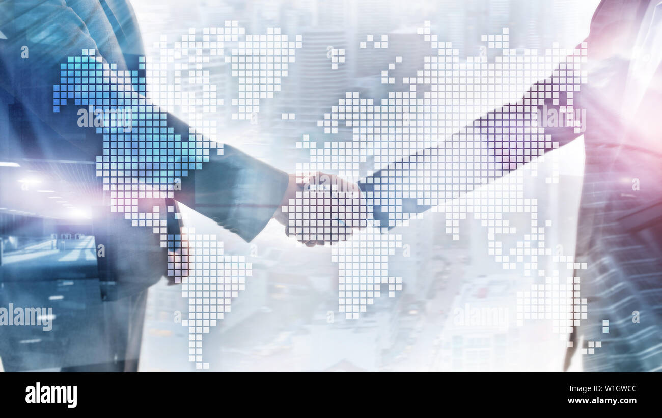 Double Exposure Weltkarte auf Wolkenkratzer Hintergrund. Kommunikation und Global Business Konzept. Stockfoto