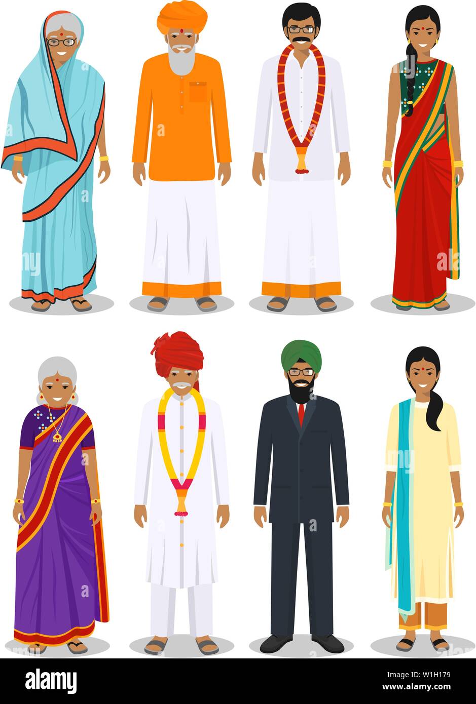 Satz von verschiedenen ständigen indischen Alte und Junge erwachsene Menschen in der traditionellen Kleidung auf weißem Hintergrund im flachen Stil isoliert. Unterschiede Männer Stock Vektor