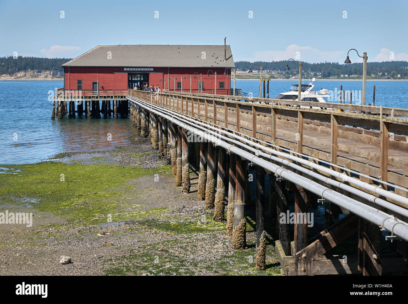 Guanajuato Pier, Washington State. Die historische Coupeville Holzsteg über Penn Cove, Washington. Stockfoto