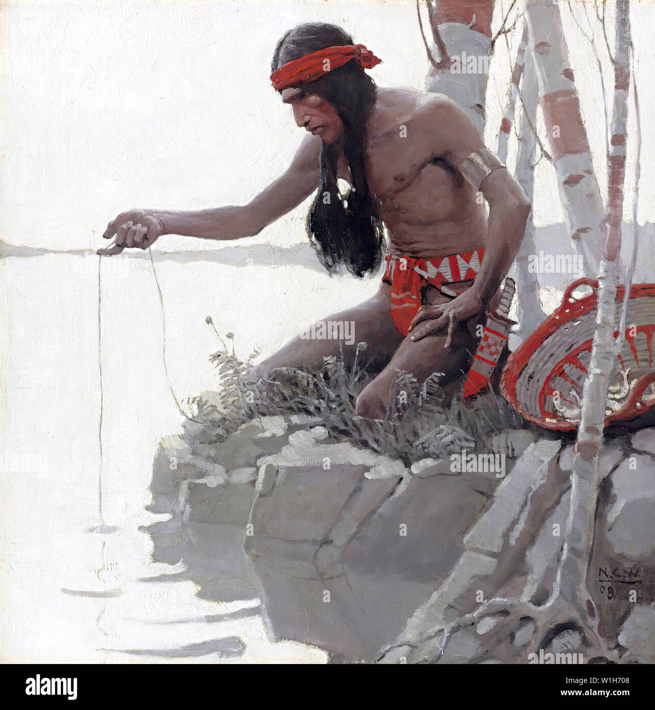Native American Indian Fischfang durch NC Wyeth Stockfoto