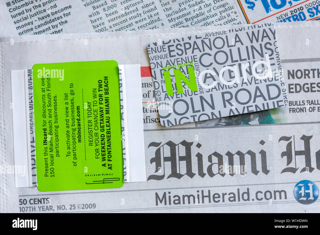 Miami Beach, Florida, Miami Herald, Zeitung, InCard, Rabattprogramm, Miami Beach, Handelskammer, Mitgliedschaft, FL091010130 Stockfoto