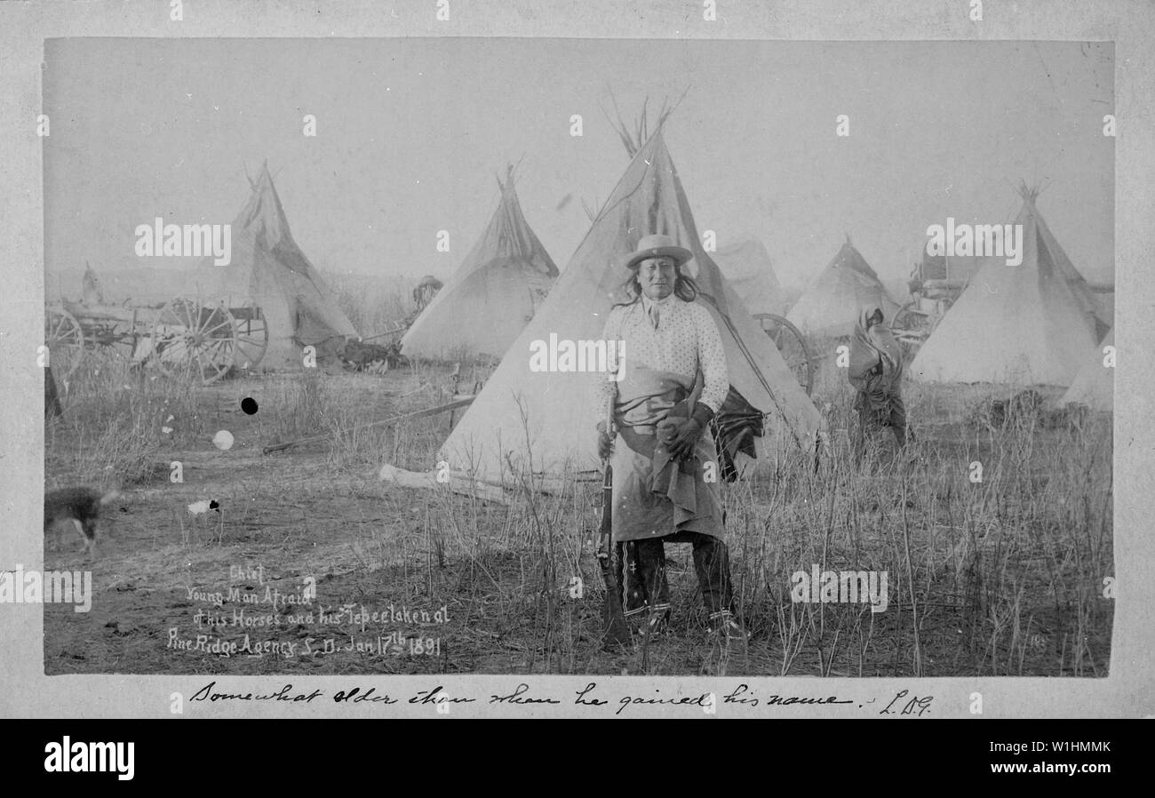 Pine Ridge Agentur, junger Mann Angst, seine Pferde und seine Tepee an, Jan. 17, 1891[Sioux]. Stockfoto