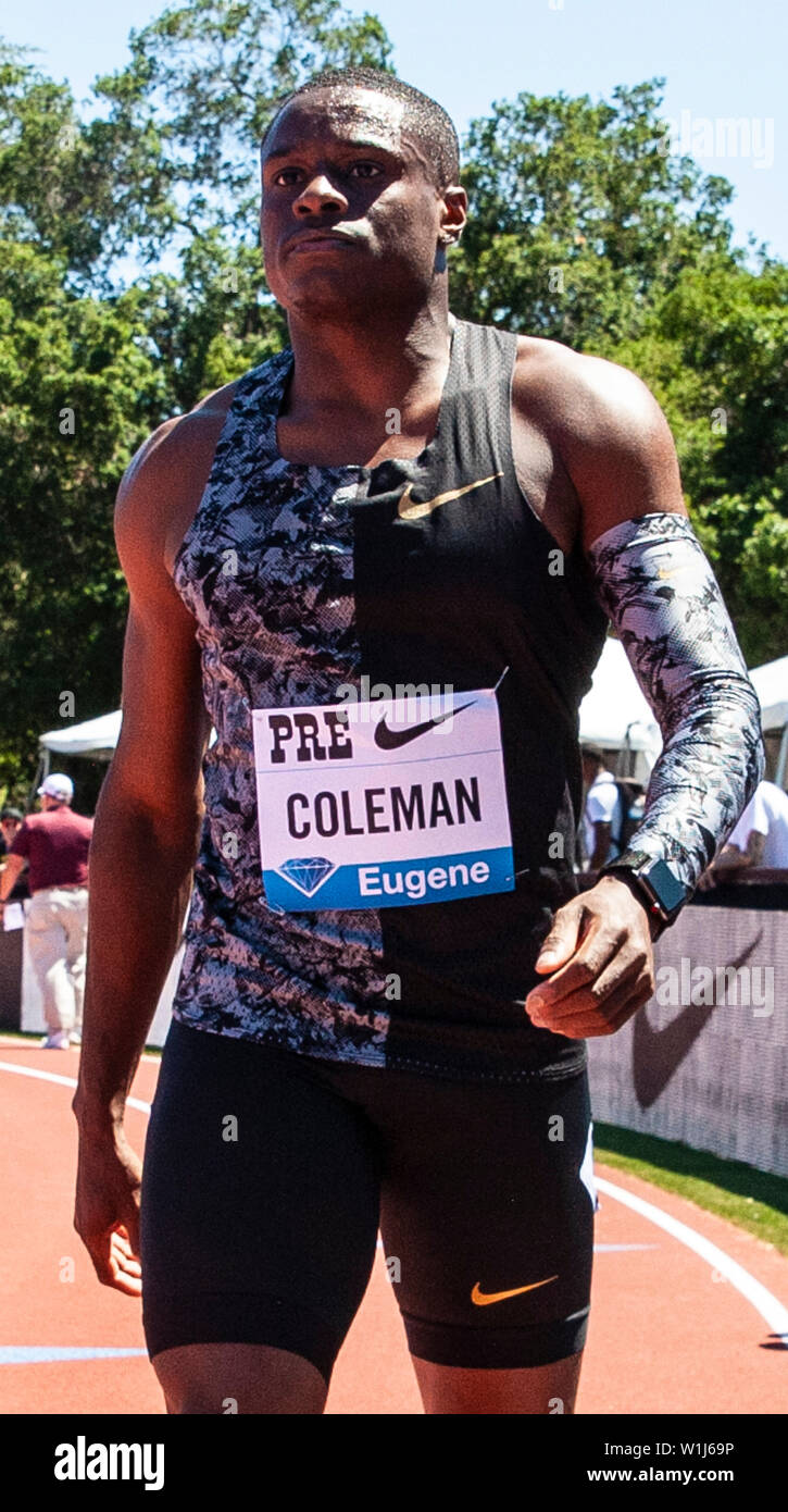 Stanford, CA. 30. Juni, 2019. Christian Coleman gewinnt der Männer 100 Meter mit einer Zeit von 9,81 während der Nike Prefontaine Classic an der Stanford University, Palo Alto, CA. Thurman James/CSM/Alamy leben Nachrichten Stockfoto