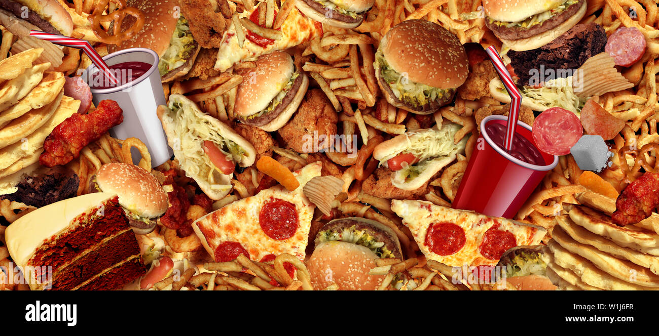 Fast food Konzept mit fettigen gebratenen Restaurant nehmen Sie so Zwiebelringe Burger und Hot Dogs mit Fried Chicken Pommes und Pizza als Symbol. Stockfoto