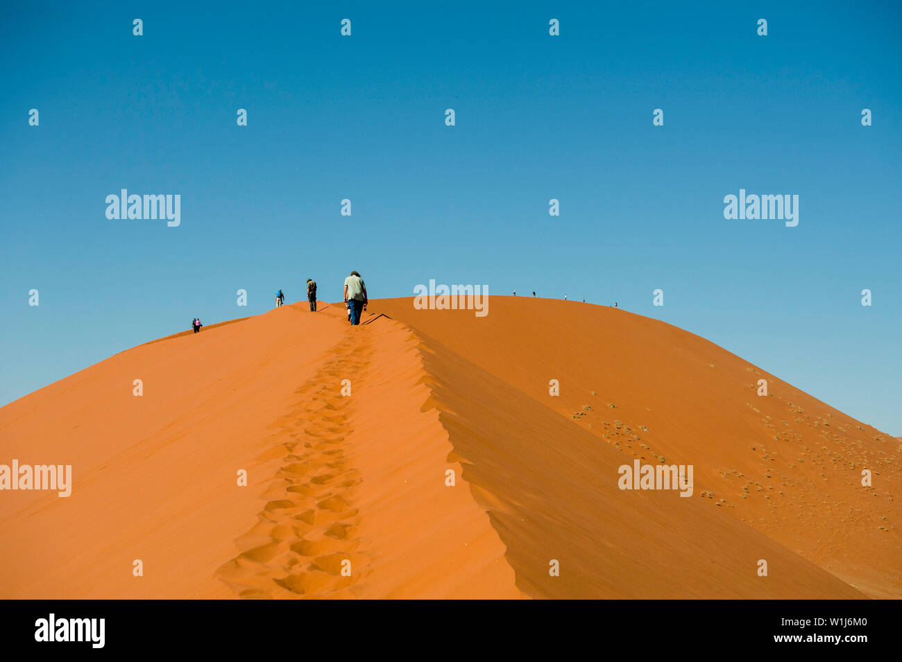 Wanderer klettern auf einer Sanddüne Ridge bei Sossusvlei, Namib-Naukluft-Nationalpark, Namibia. Stockfoto