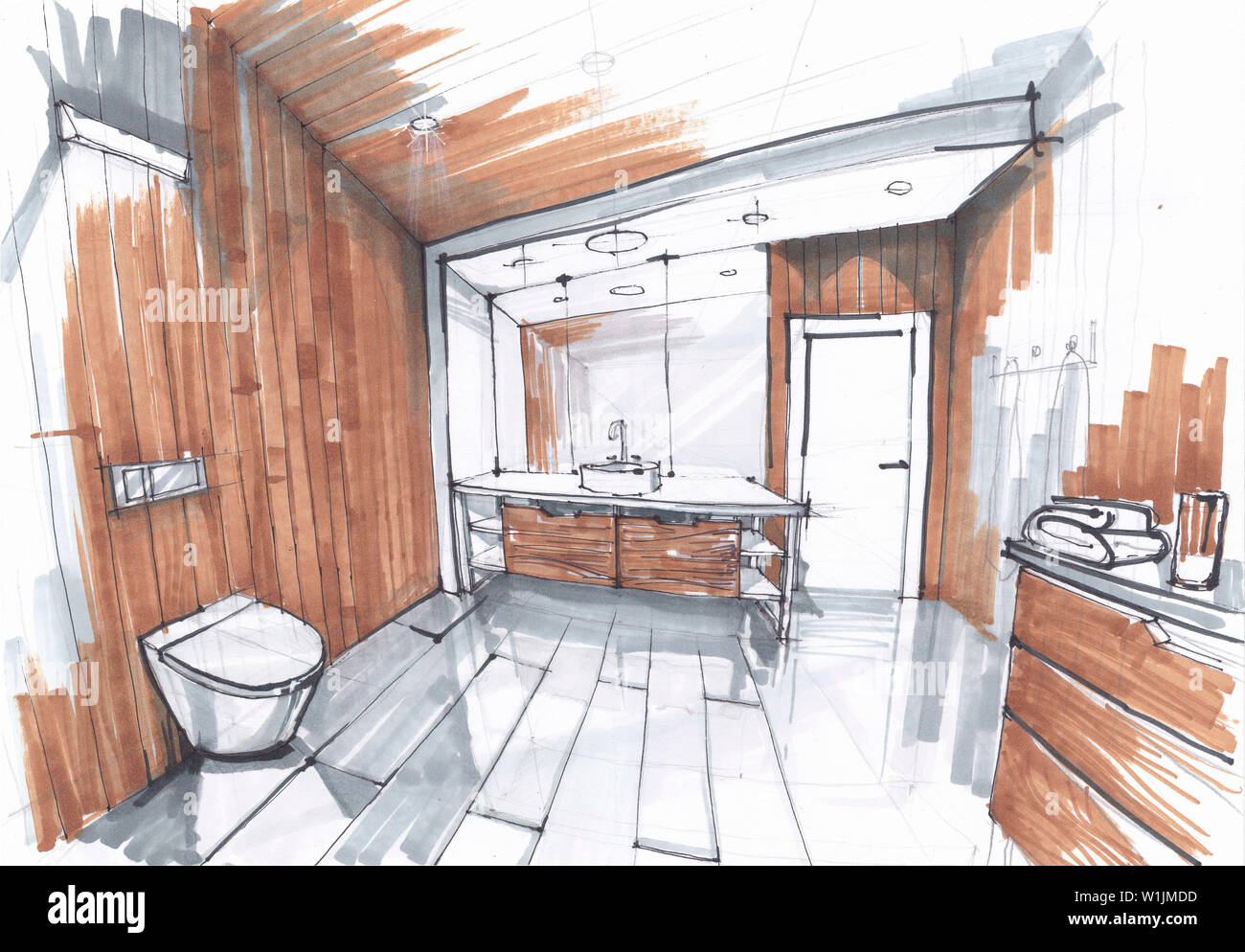 Handgefertigte Skizze eines luxuriösen, modernen Badezimmer, Waschbecken mit Spiegel, watercloset Im gefliesten Badezimmer in Grau- und Brauntönen. Stockfoto