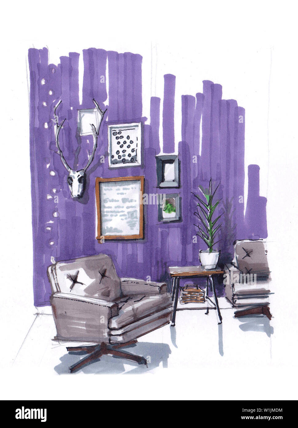 Skizze des Inneren der Naherholung in einer gemütlichen Ferienwohnung in lila Tönen. Sessel, in modernem Stil, Couchtisch mit einer Blume, Malereien auf Stockfoto