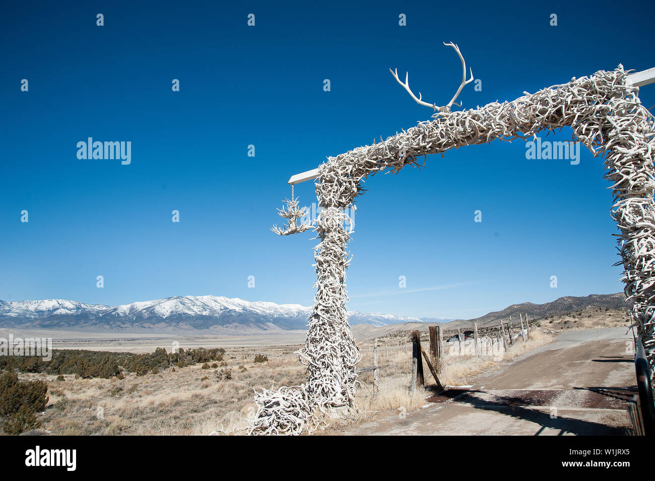 Ein Gateway von elchengeweihen Frames eine Straße entlang der Great Basin Highway am Horns ein viel in East Central Nevada. (C) 2012 Tom Kelly Stockfoto