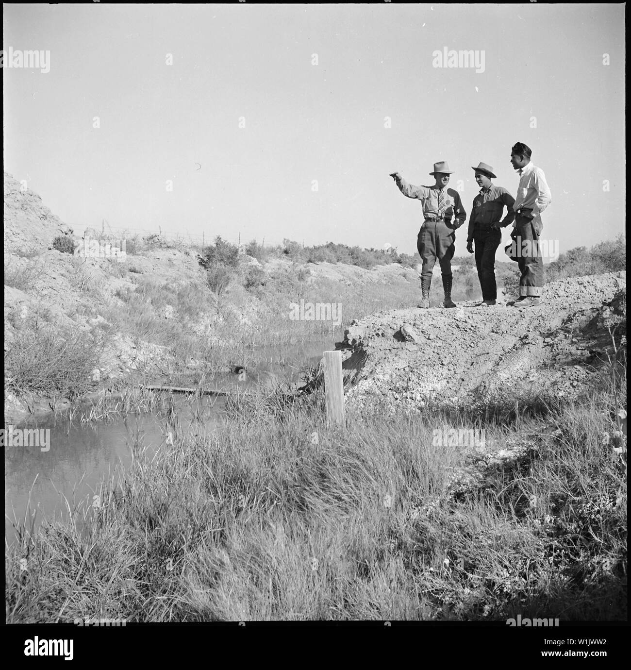 Topaz, Utah. Junge Freiwillige Nisei landwirtschaftlichen Meister prüft Standort für den Entwässerungsgraben Brücke. . .; Umfang und Inhalt: Der vollständige Titel für dieses Foto liest: Topaz, Utah. Junge Freiwillige Nisei landwirtschaftlichen Meister prüft Standort für den Entwässerungsgraben Brücke, zusammen mit der Landwirtschaftlichen Abteilung Meister und Betriebsleiter. Stockfoto