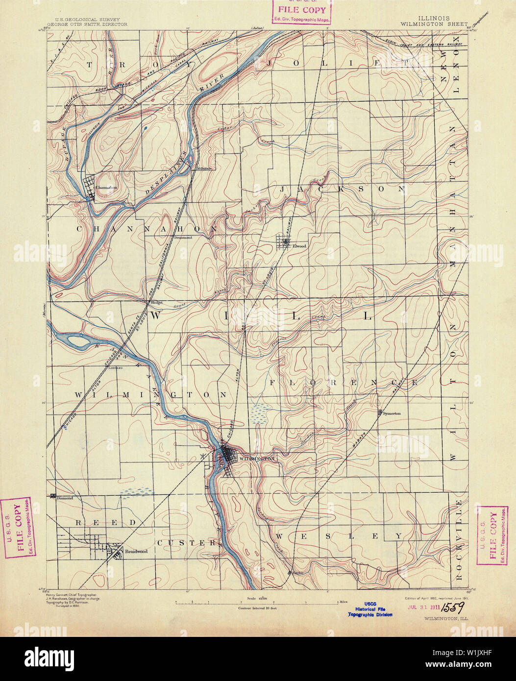 USGS TOPO Karte Illinois IL Wilmington 310080 1892 62.500 Wiederherstellung Stockfoto