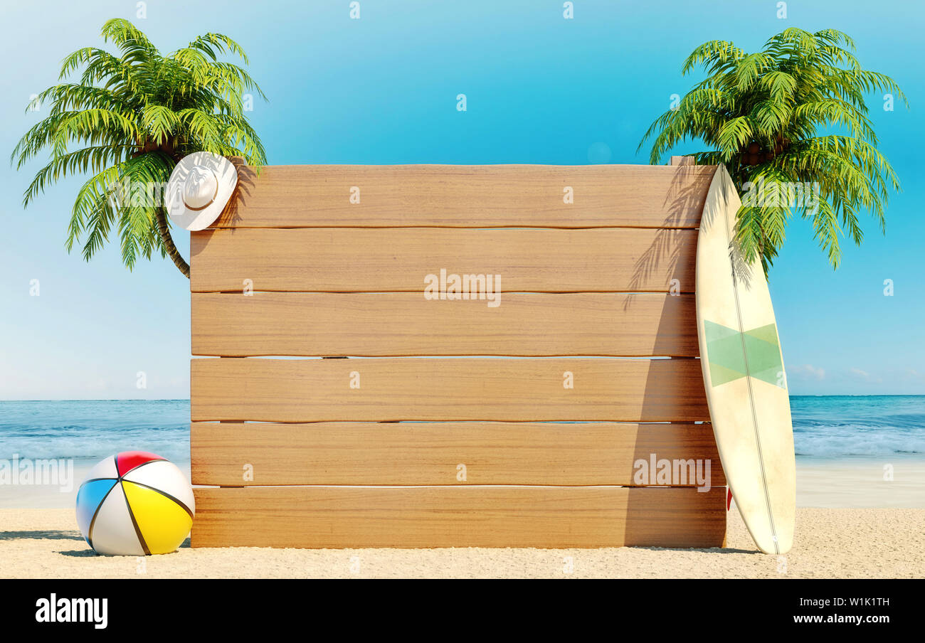 Leere Holz- Board am Strand, Sommer, Reisen, Destination, Hintergrund, 3D-Rendering Stockfoto