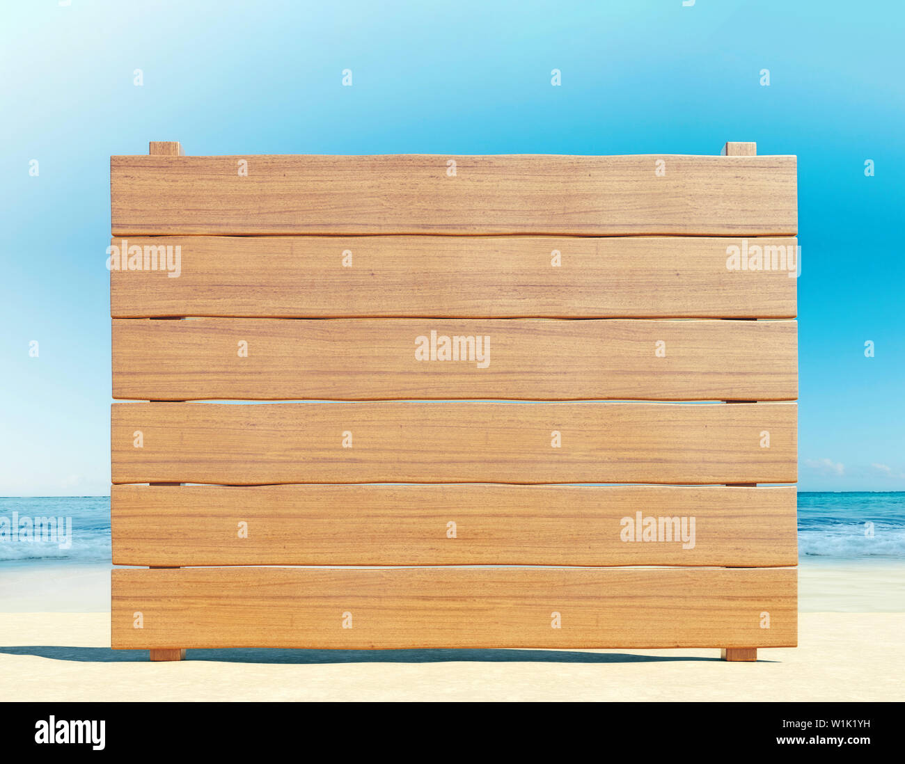 Leere Holz- Board am Strand, Sommer, Reisen, Destination, Hintergrund, 3D-Rendering Stockfoto