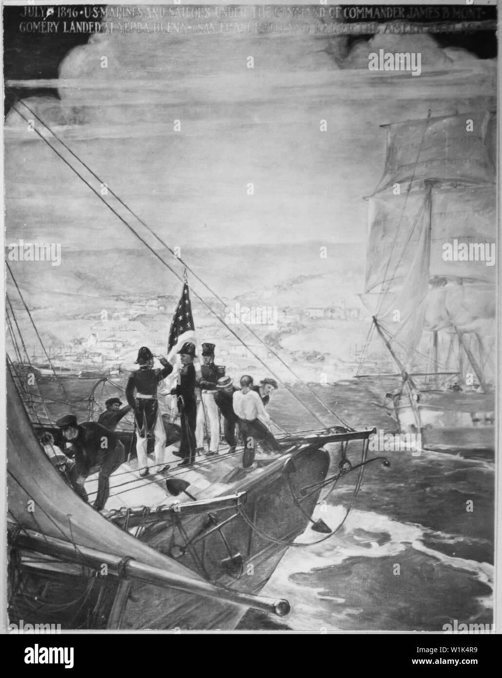 Us-Marines und Seeleute unter dem Kommando von Commander James B. Montgomery landete an der Yerba Buena und die amerikanische Flagge auf den 9. Juli 1846 angehoben. Kopieren der Malerei durch Capolino., 1927 - 1981; Allgemeine Hinweise: Verwenden Sie Krieg und Konflikt Nummer 97 bei der Bestellung eine Reproduktion oder Anforderung von Informationen zu diesem Bild. Stockfoto