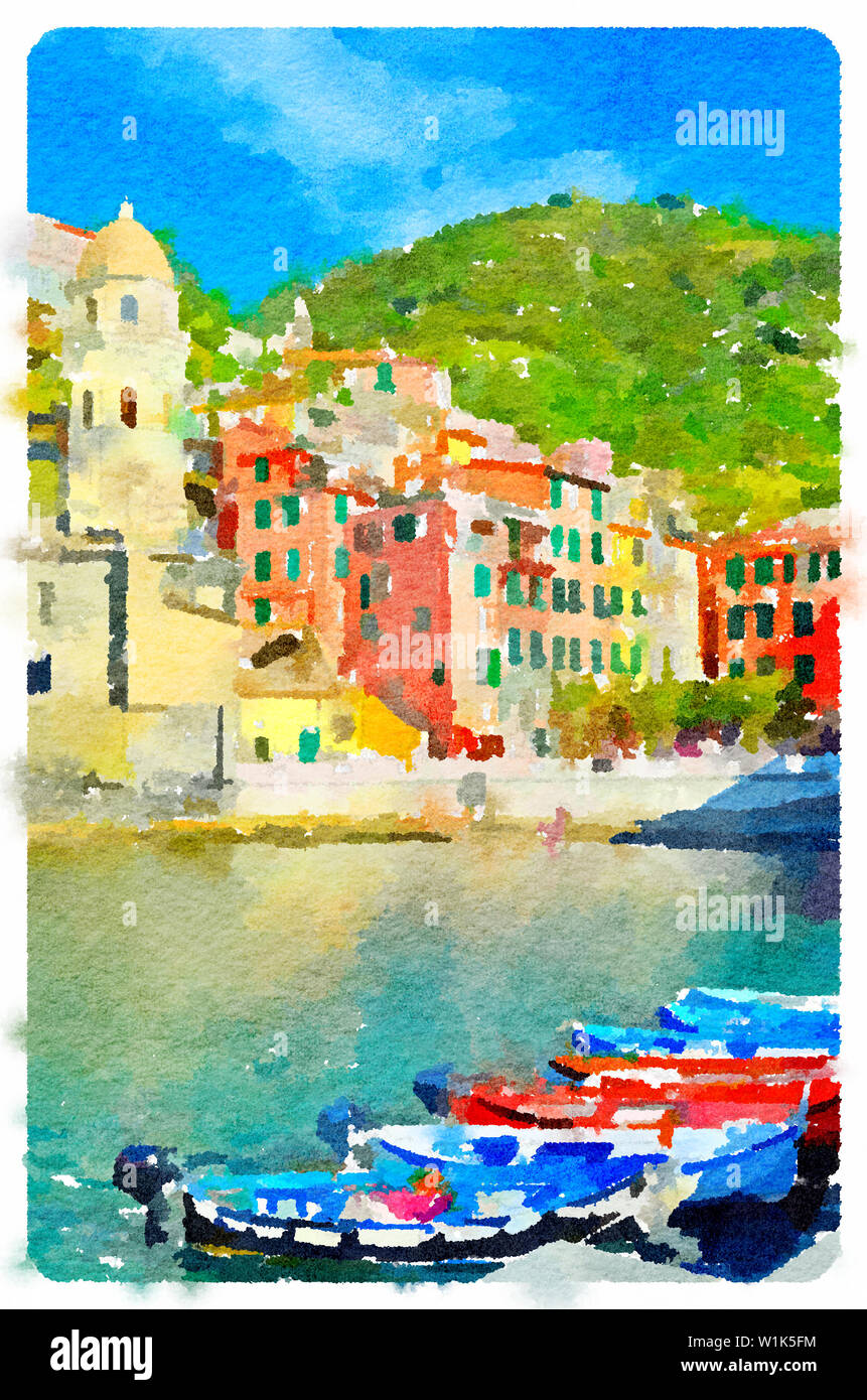 Aquarell von sonnigen Tag in Vernazza, Cinque Terre (Italien) Stockfoto