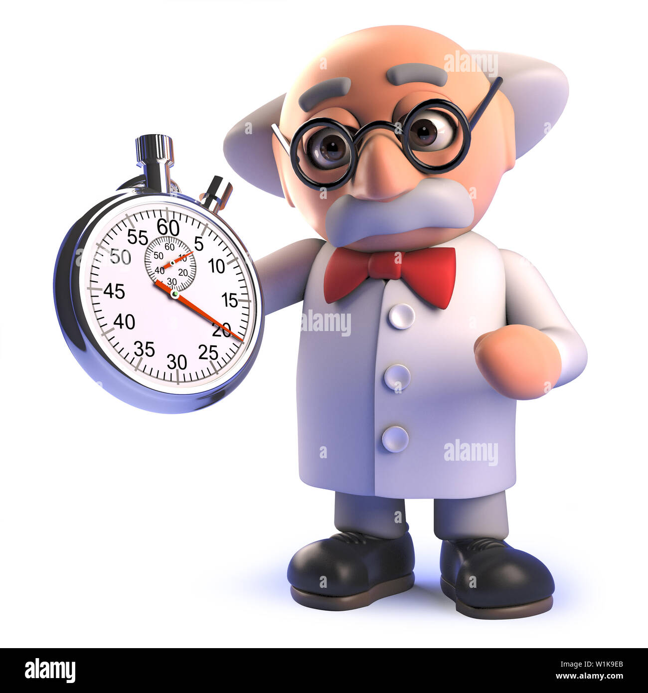 Das gerenderte Bild von einem Cartoon 3d mad Scientist Charakter mit einer Stoppuhr Stockfoto
