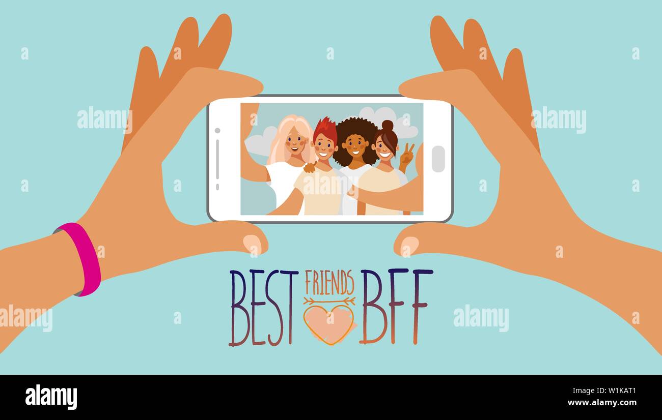 Zwei Hände halten ein Smartphone mit einer selfie Foto von einer Gruppe von jugendlich Mädchen auf dem Bildschirm. Gruppe selfie auf Ihrem Smartphone. Phrase die besten Freunde. Bff. Cartoon Vector Illustration. Stock Vektor