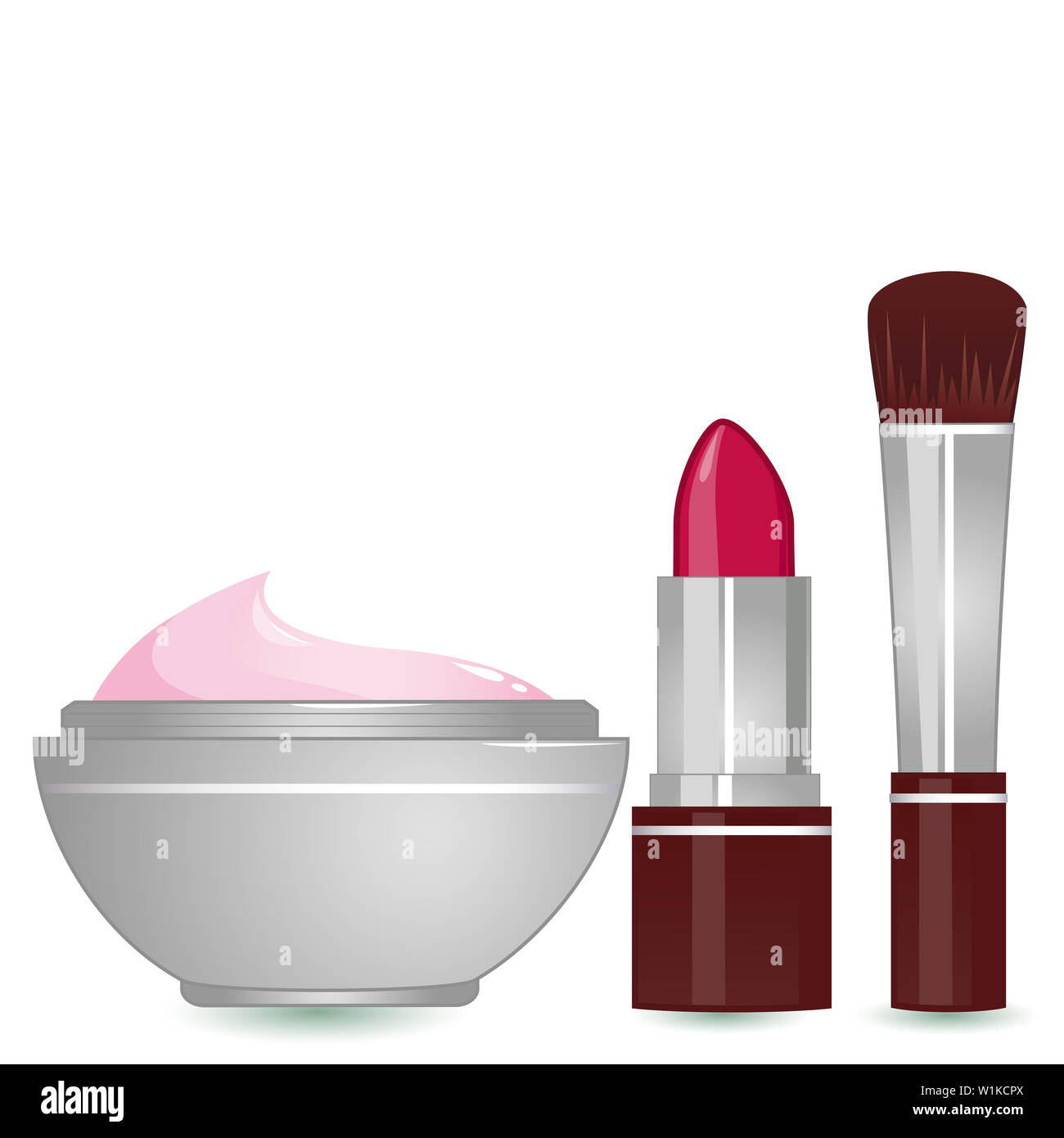 Abbildung: ein Lippenstift, ein Blush Pinsel und einen Behälter mit Feuchtigkeitscreme. Stockfoto