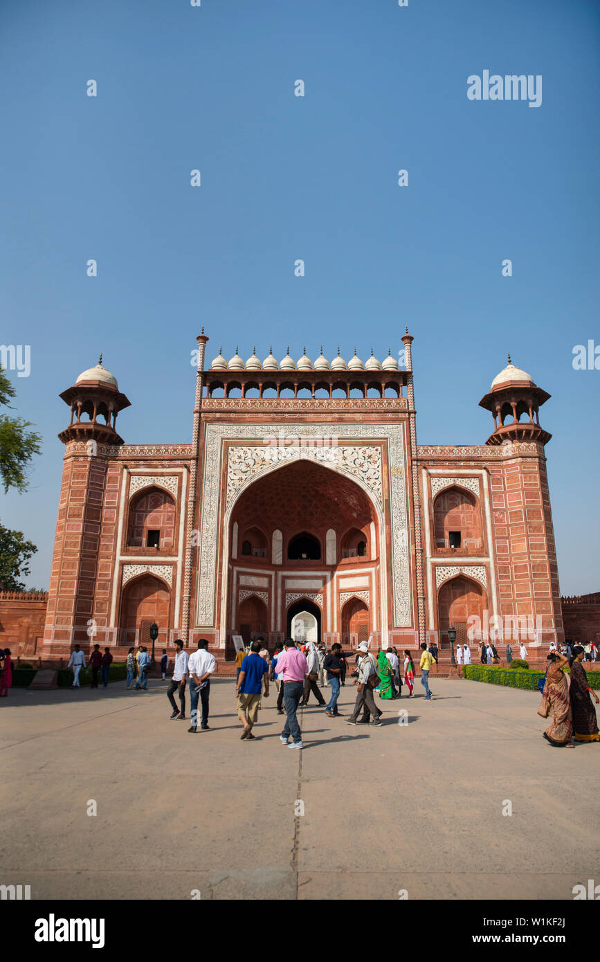 Das große Tor, Jilaukhana Zone, Taj Mahal, Agra, Indien Stockfoto