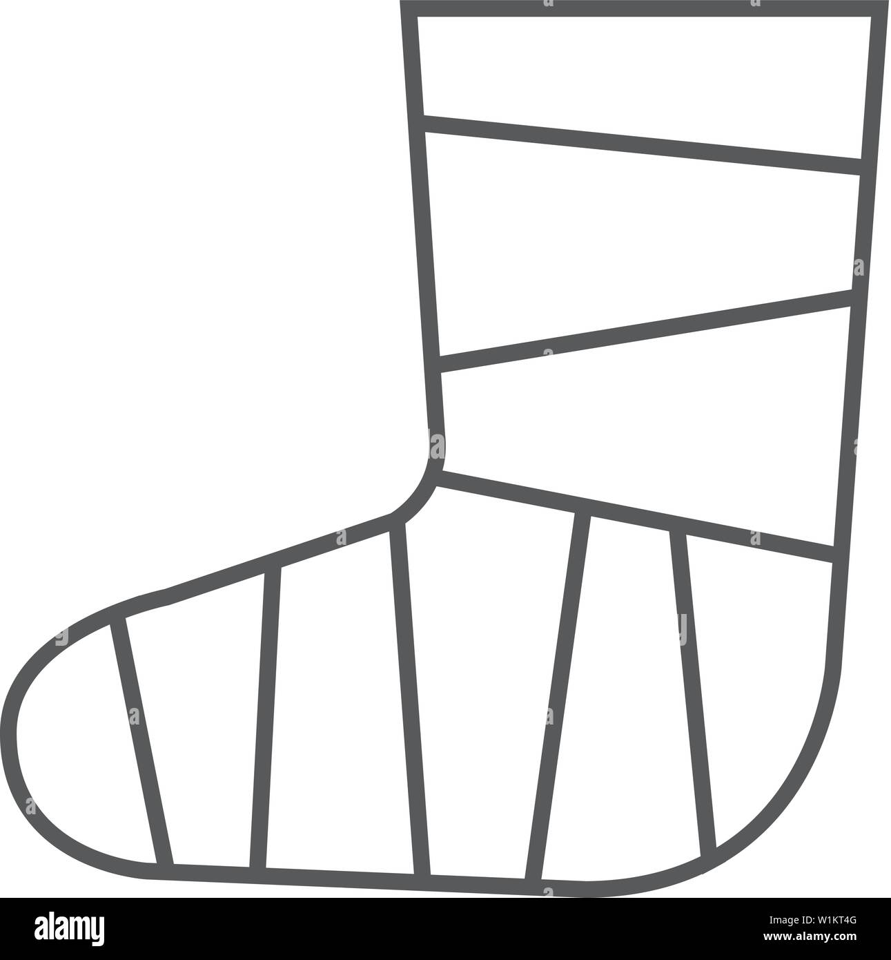 Verletzten Fuß Symbol in dünnen Umrisse Stil. Gips gegossene medizinische Gesundheit Bein gebrochen Stock Vektor