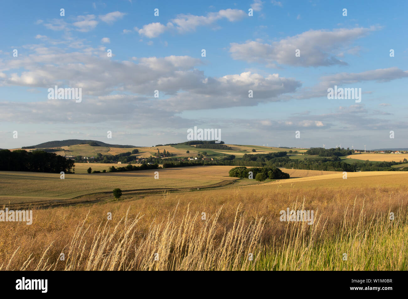 Malerischer Blick auf die oberlausitz Landschaft mit sanften Hügeln und bewölkter Himmel Stockfoto