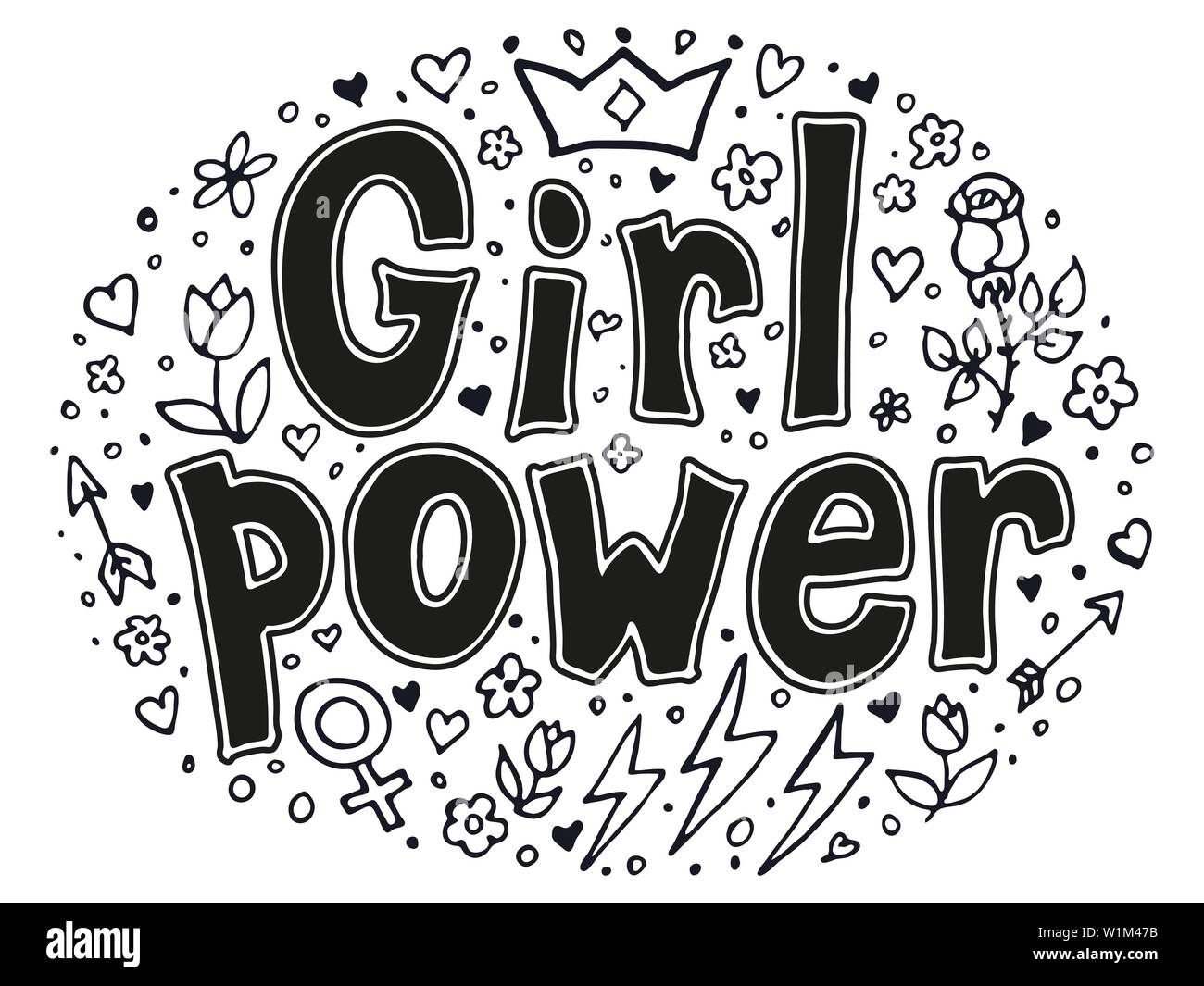 Girl Power schwarz und weiß Angebot. Grl Pwr, Feminismus Schriftzug. Frauen Rechts. Weibliche Symbole. Vektor handgezeichnete Illustrationen. Kann als Ausdruck für Poster, t-shirt, Postkarte verwendet werden. Stock Vektor