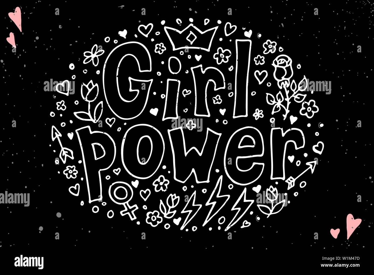 Girl Power Angebot. Grl pwr Hand gezeichnet. Feminismus Schriftzug. Frauen Rechts. Weibliche Symbole. Vector Illustration. Kann als Ausdruck für Poster, t-shirt, Postkarte verwendet werden. Stock Vektor