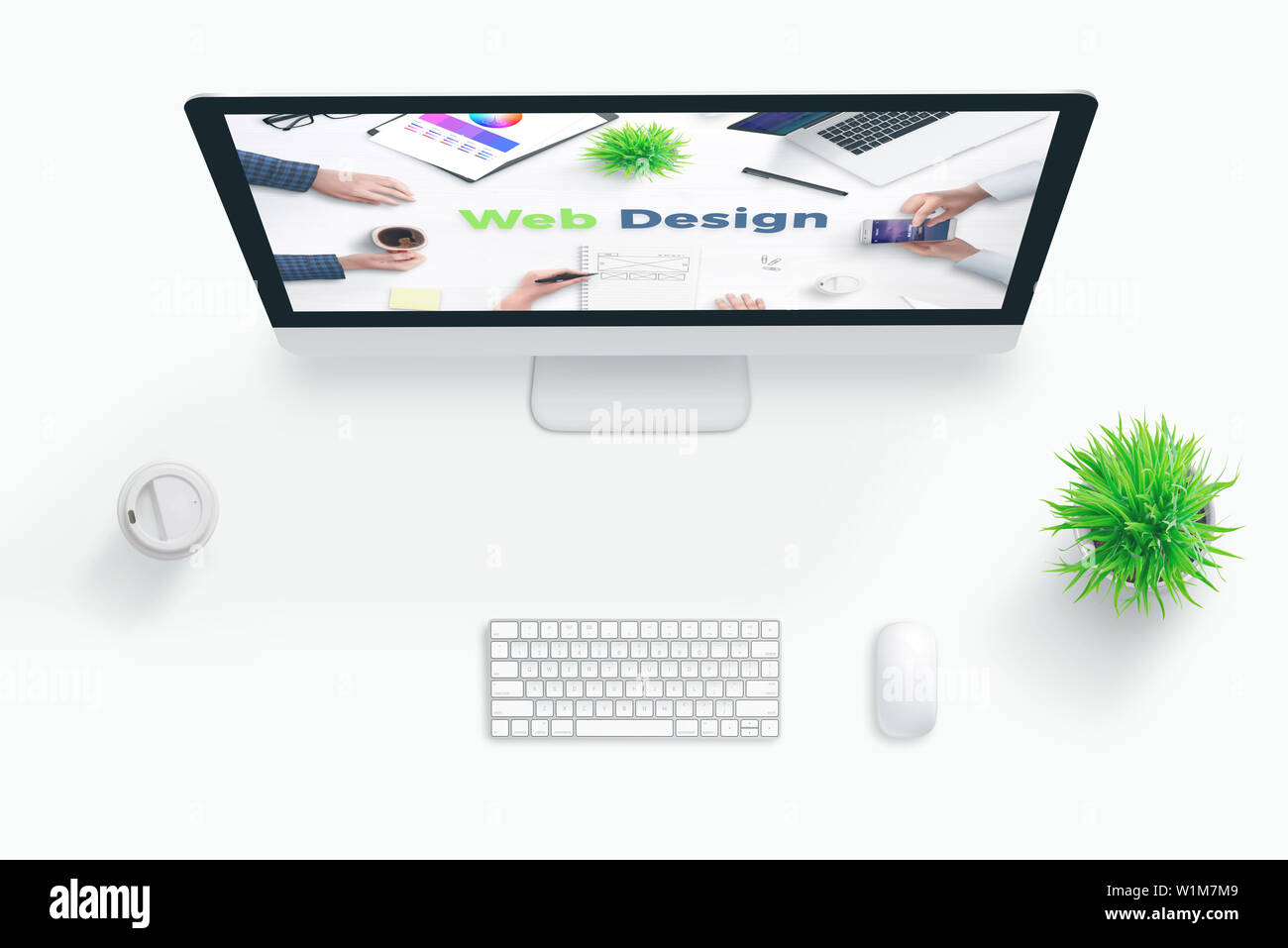 Web Design Studio Konzept. Flach Szene mit Computer und Web design Text. Stockfoto