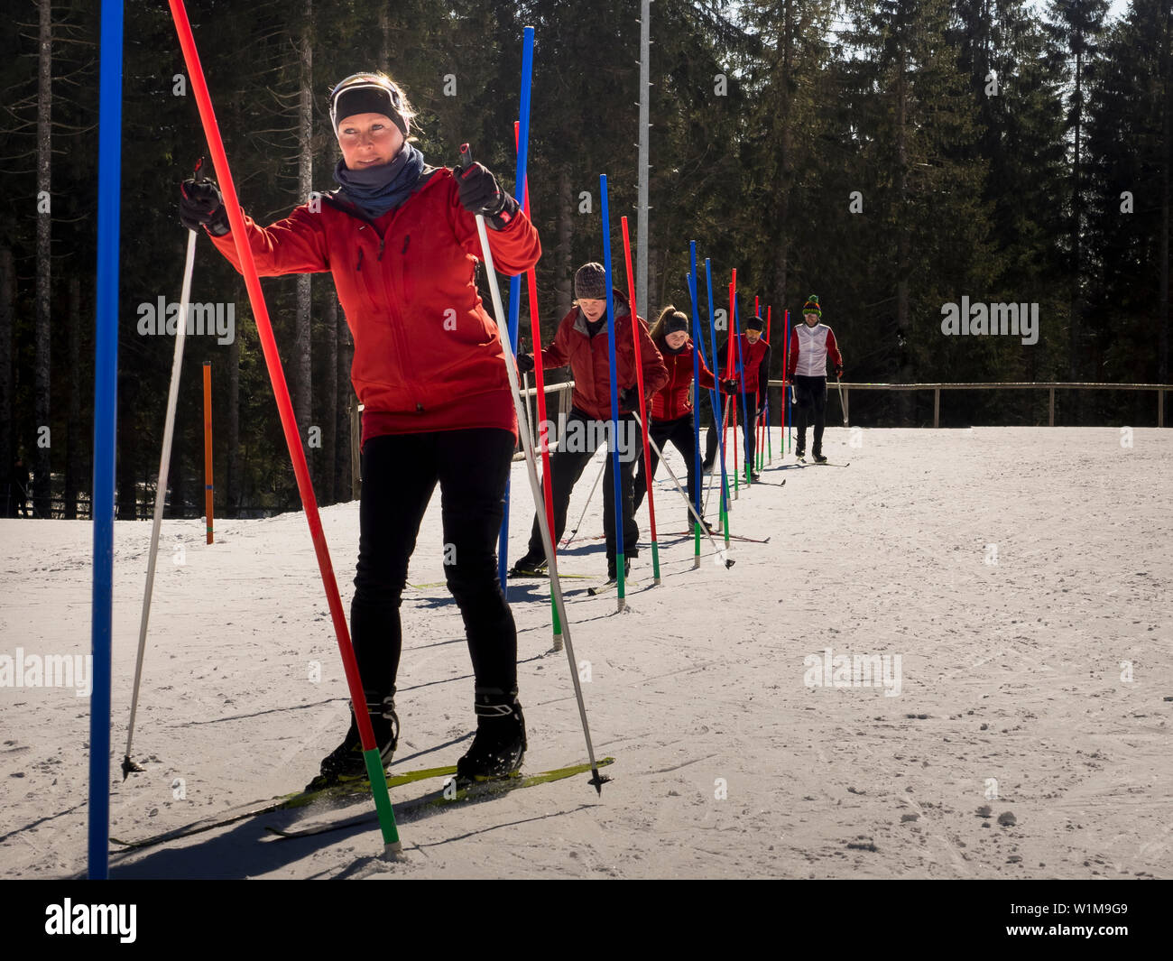 Die Teilnehmer lernen Langlauf Kurs, Schwarzwälder, Baden-Württemberg, Deutschland Stockfoto