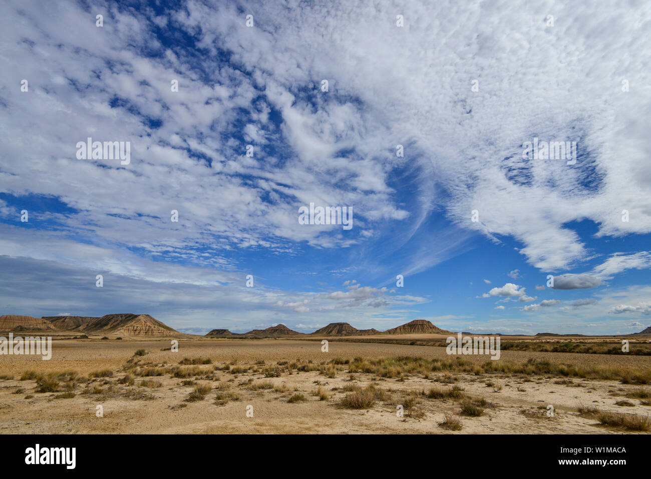 Bardenas Reales, Wüste Landschaften (Badlands), UNESCO-Biosphärenreservat, bardena Blanca, weiss Bardena, Navarra, Spanien Stockfoto