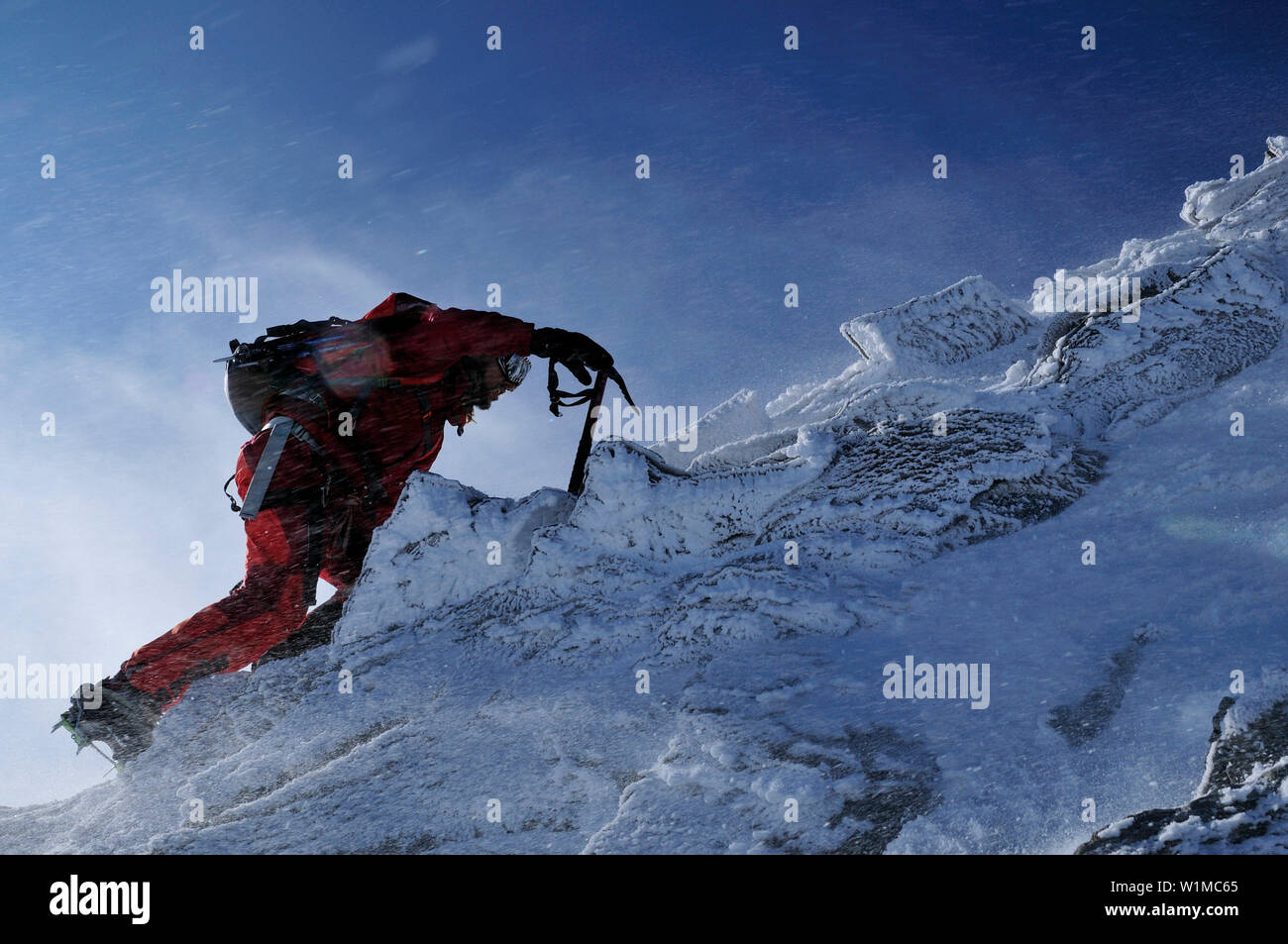 Bergsteiger beim Schneesturm am Nadelhorn (4327 m), Wallis, Schweiz Stockfoto