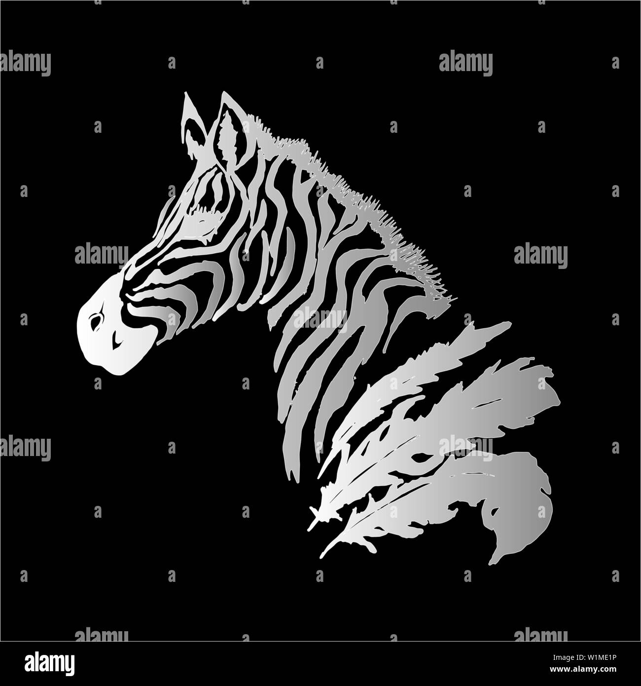 Schwarz Weiß Abbildung: psychedellic Zebra mit Federn. Tattoo Idee. Stock Vektor