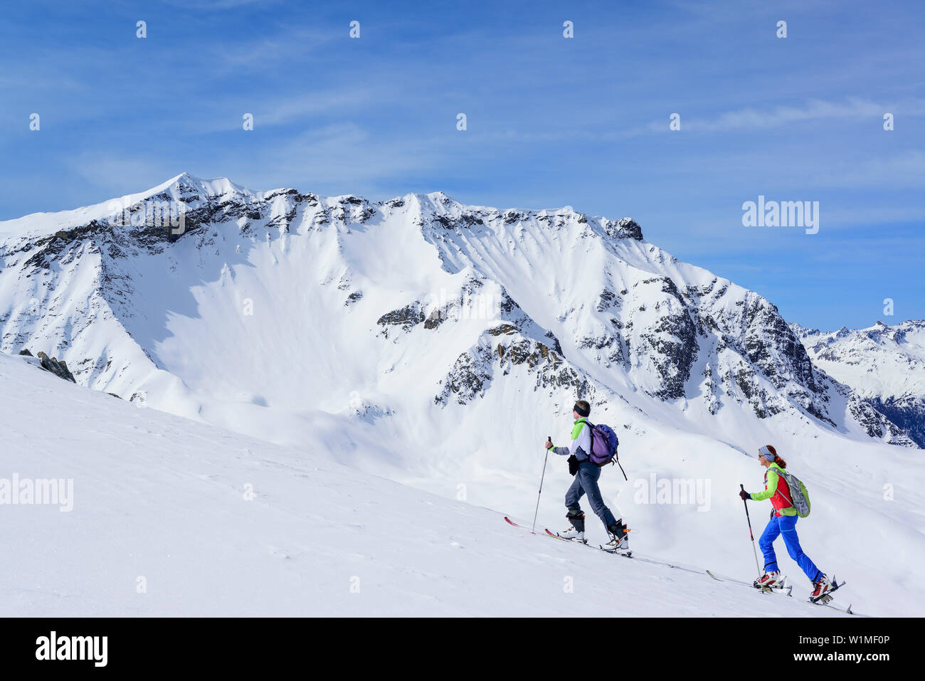 Zwei Personen zurück - Langlauf aufsteigend in Richtung Piz Arpiglia und Piz Uter, Piz Arpiglia, Livigno Alpen, Engadin, Graubünden, Schweiz Stockfoto