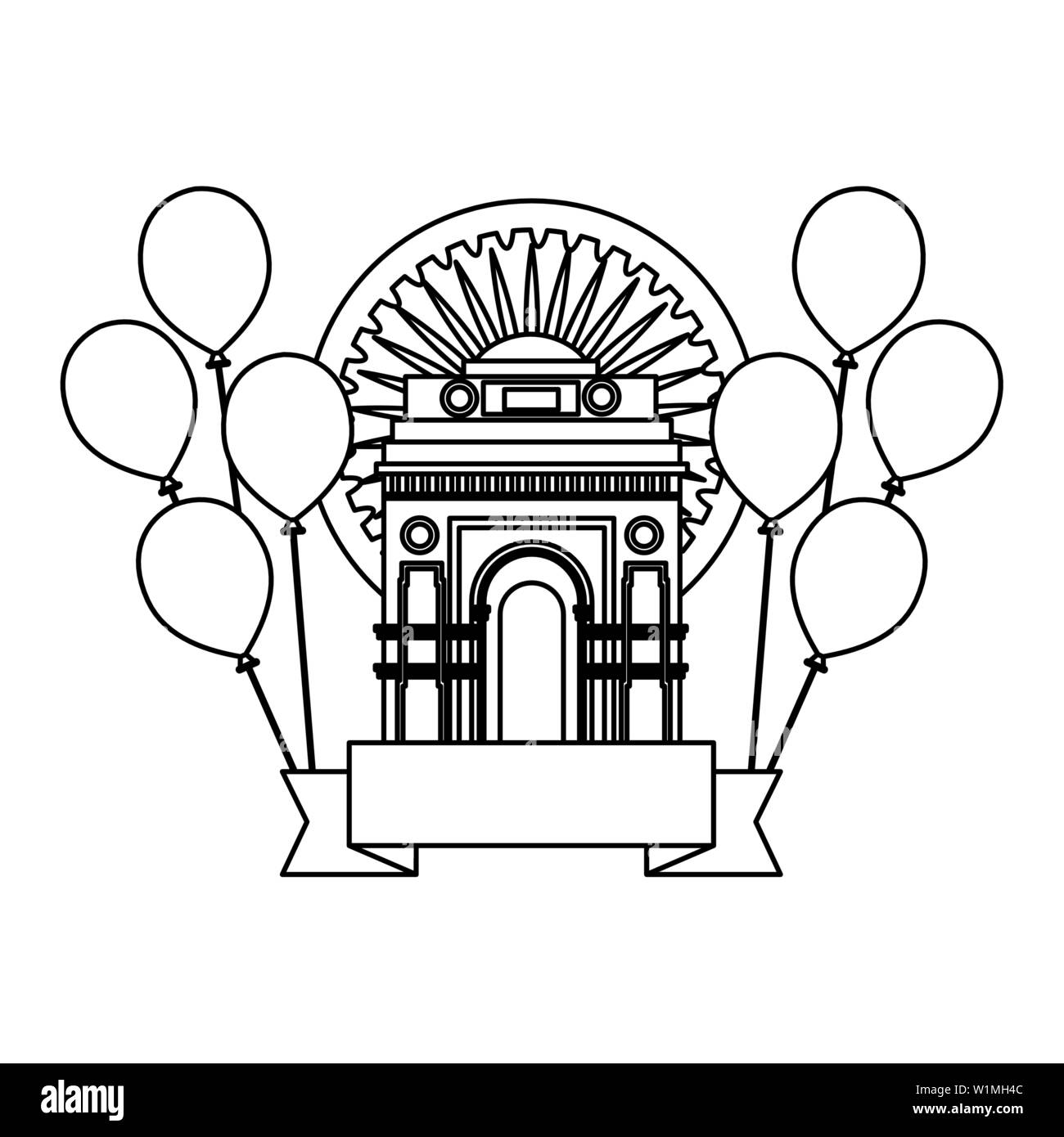 Ashoka Chakra mit Indischen Tor und Ballons Helium Stock Vektor