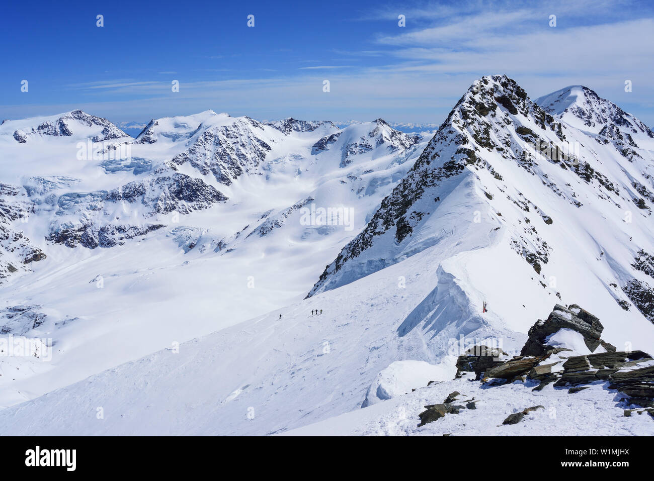 Blick auf den Monte Vioz, Punta Taviela, Punta Cadini, Punta Pedranzini und Punta San Matteo, Pizzo Tresero, Val dei Forni, Ortlergebiet, Lombardei, Italien Stockfoto