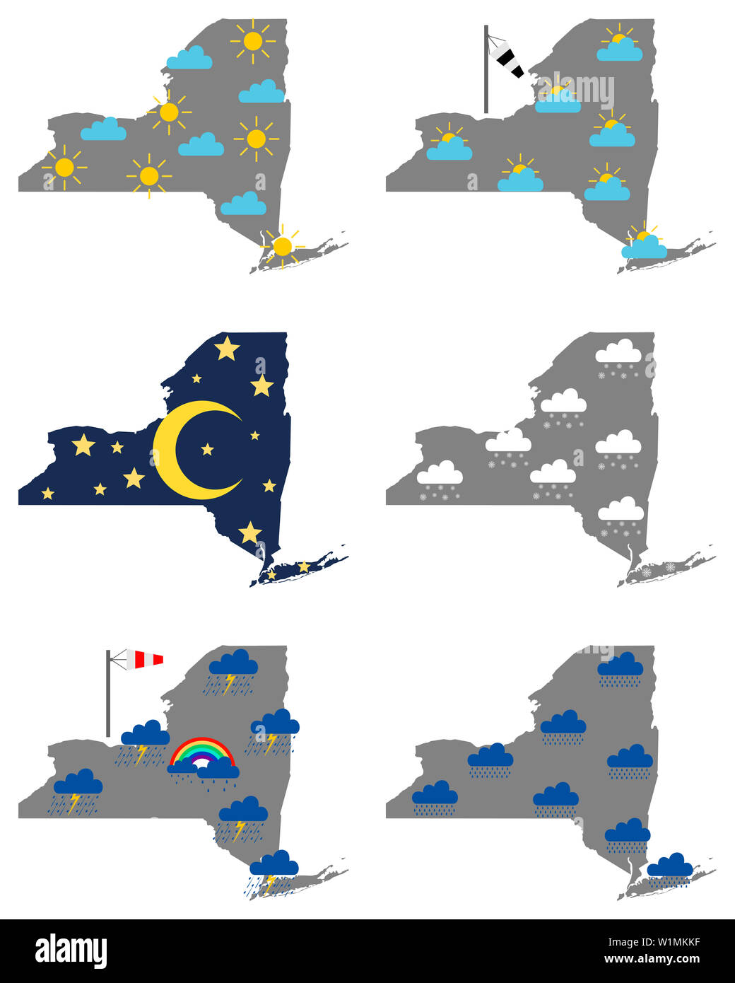 Karten von New York mit verschiedenen Wettersymbolen Stockfoto