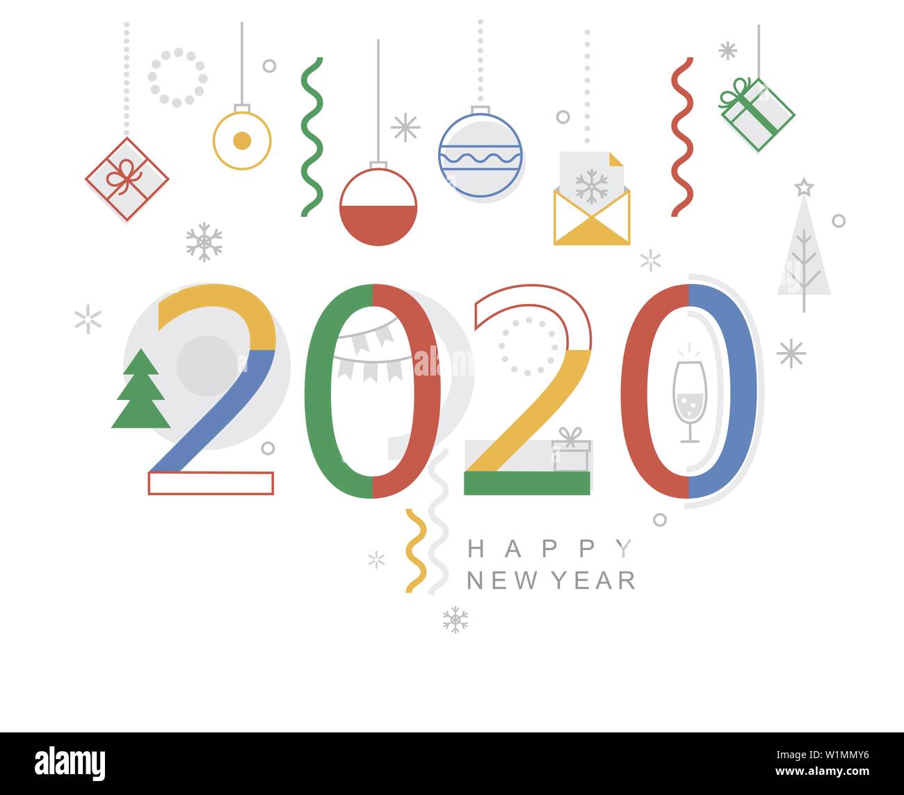2020 Neue Jahr minimal Banner. Modernes Design Karte, Poster mit geometrischen Formen, Weihnachtskugeln und Geschenke, die glücklich Urlaub. Super für Web, Party. Stock Vektor