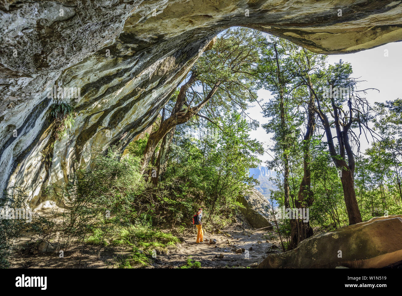 Frau wandern stand vor der großen Höhle, Tugela Tal, Amphitheater, Royal Natal Drakensberge, u Khahlamba-Drakensberg Park, UNESCO Weltkulturerbe Stockfoto