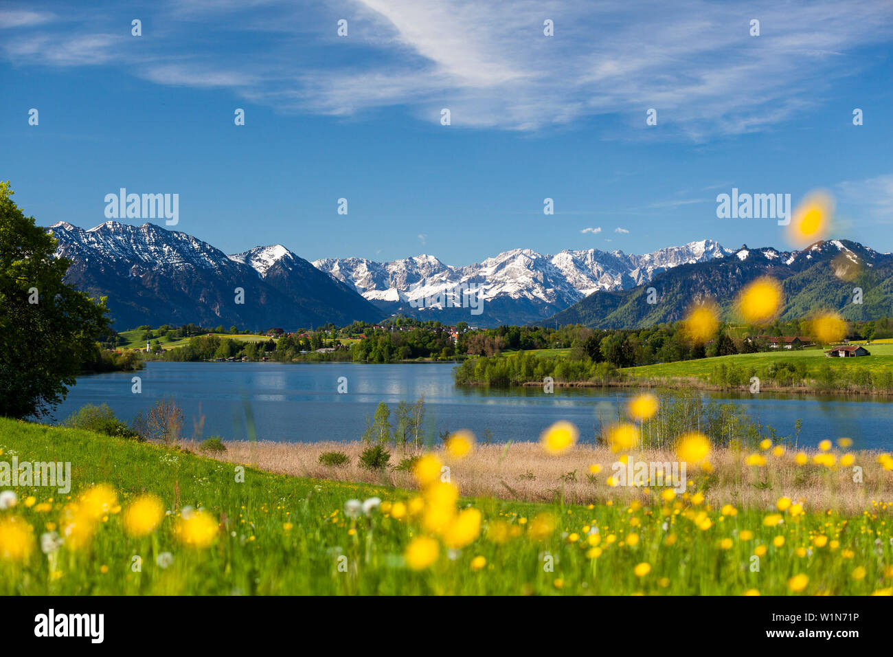 See Riegsee mit Alpen, Oberbayern, Deutschland Stockfoto